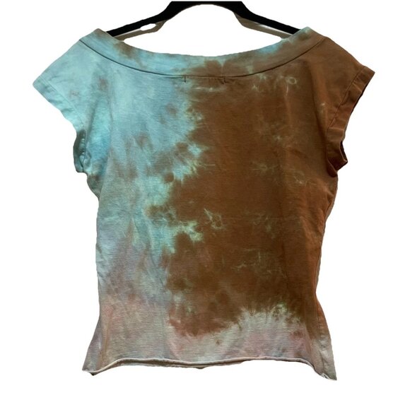 VTG JOHNNY WAS Turquoise and Brown Tie Dyed Cropped Raw Hem Tshirt Sz S - Picture 7 of 7